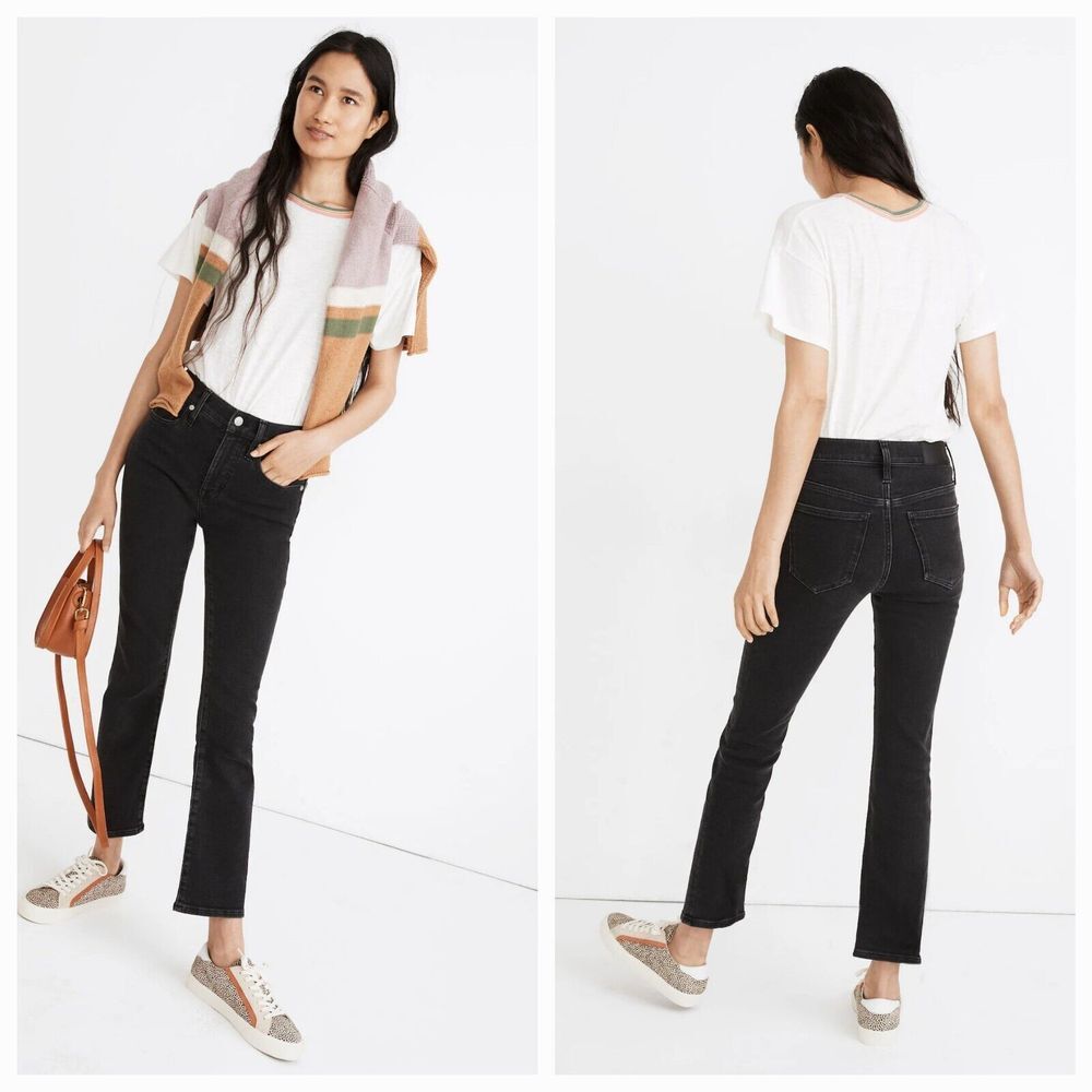 Madewell Cali Demi Boot Jeans Black Wash High Rise Stretch Crop Size 24‎